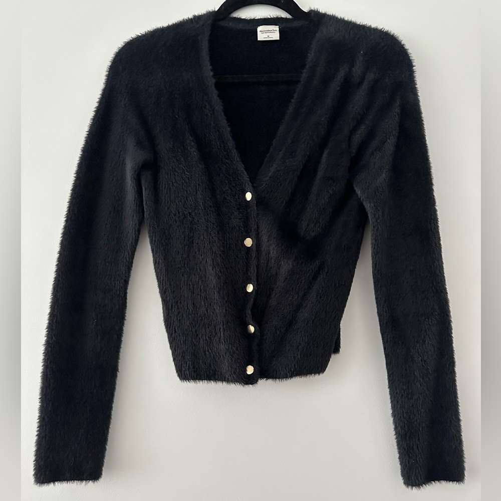 Abercrombie & Fitch Black Fuzzy Button-Up Cardigan